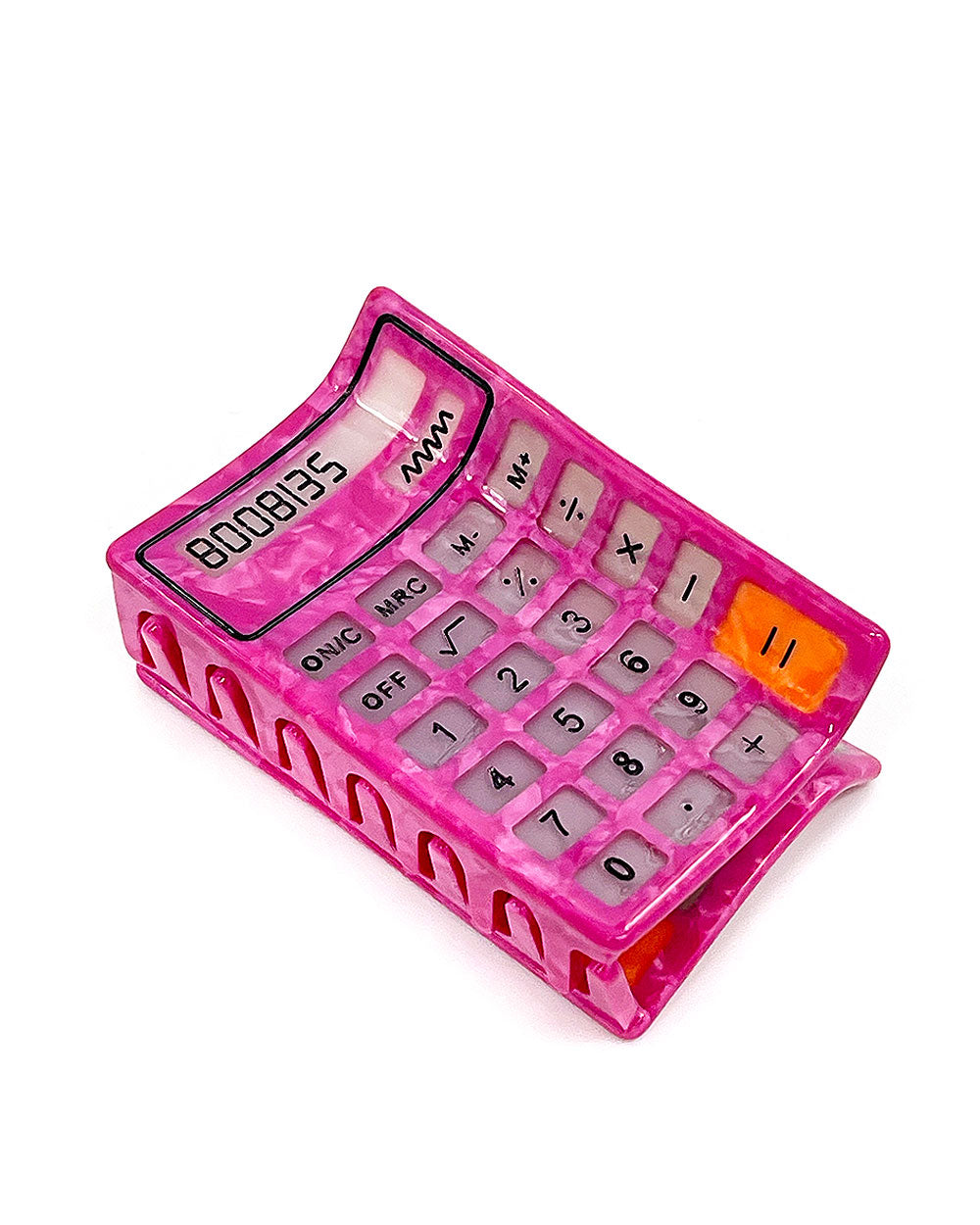 Pink calculator-themed hair claw clip with bright key buttons and hinge