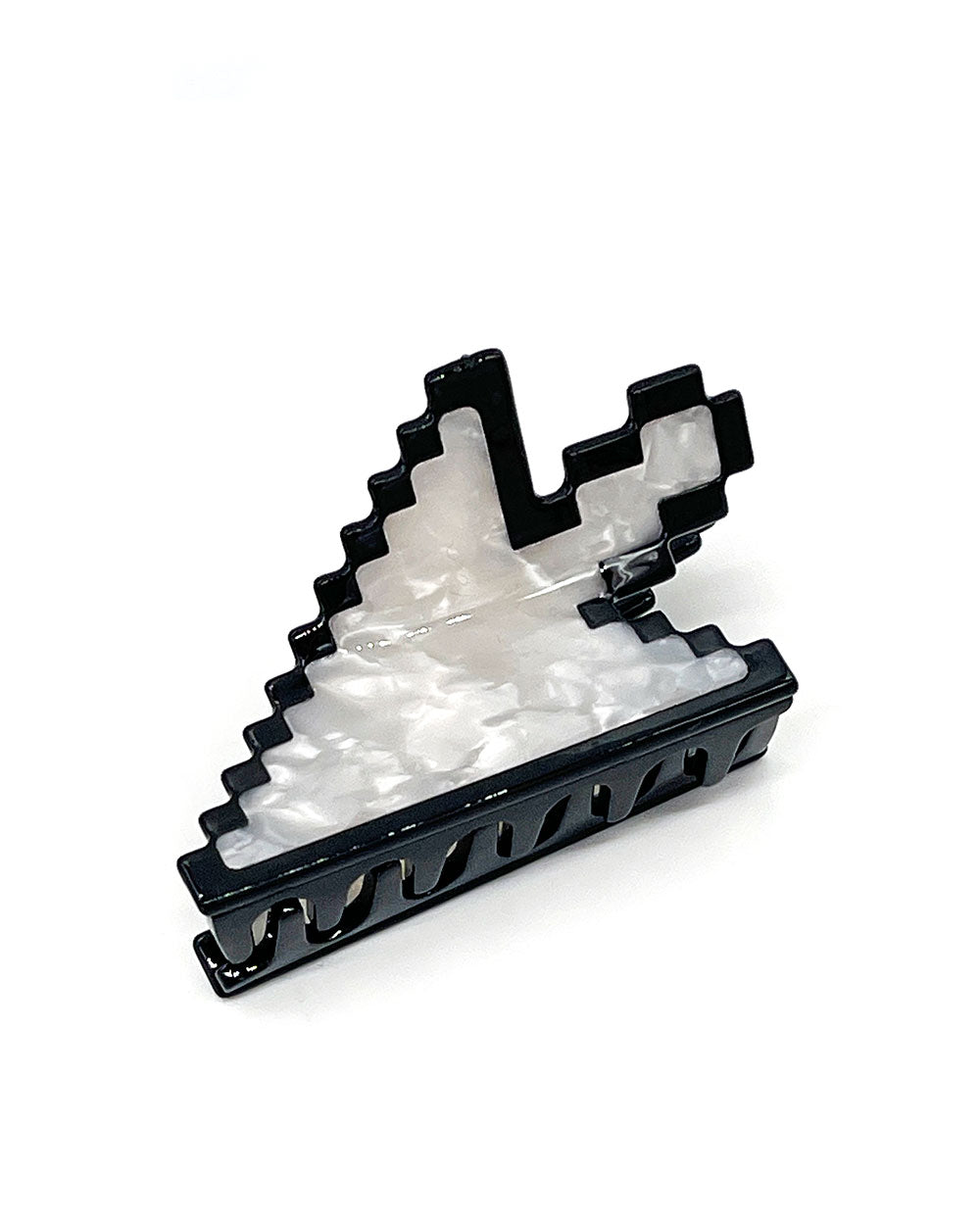 Cursor arrow claw hair clip, black base with iridescent white finish and notched teeth