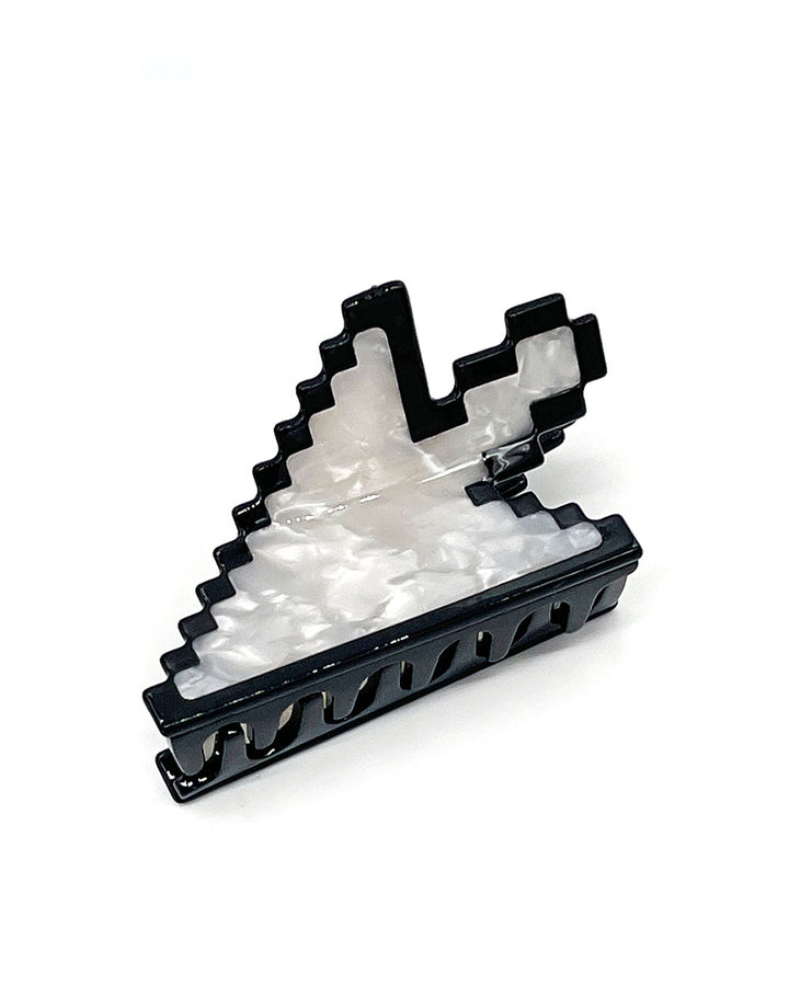 Cursor arrow claw hair clip, black base with iridescent white finish and notched teeth