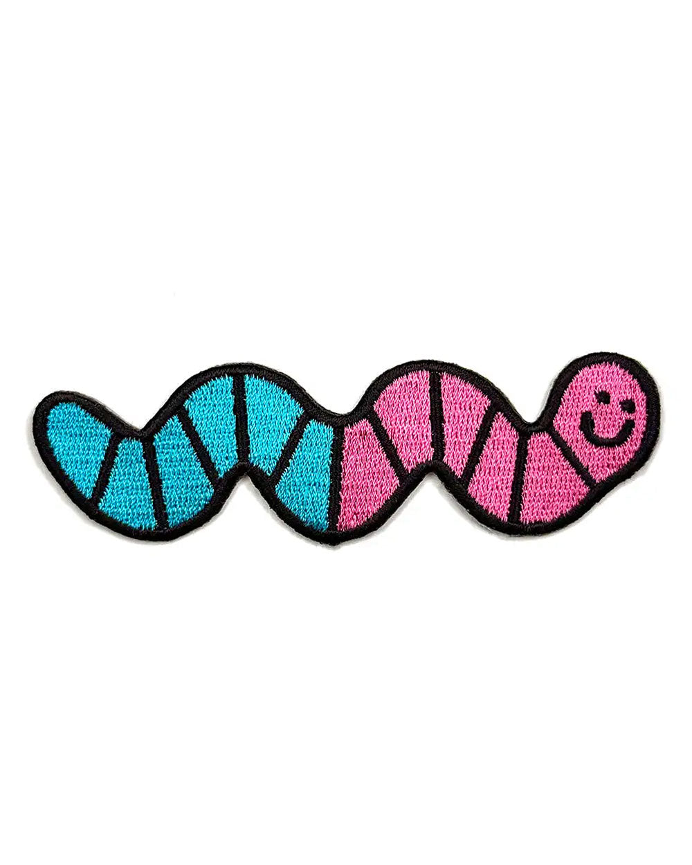 Embroidered gummy worm patch with blue and pink striped body and smiling face