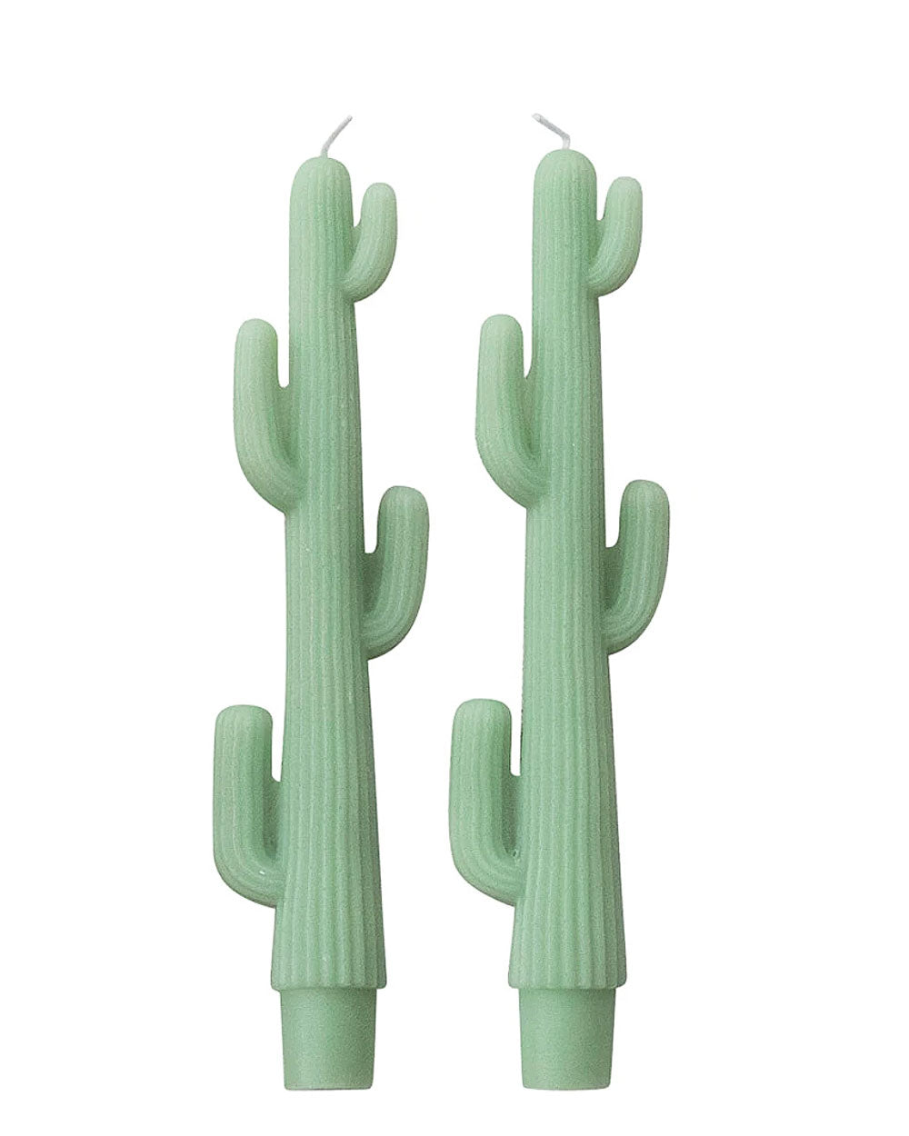 Pair of mint green cactus-shaped taper candles, unlit