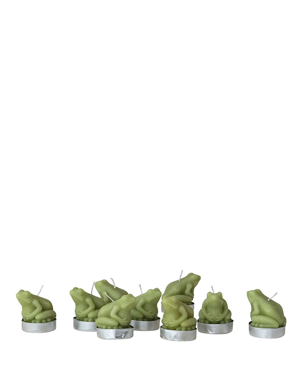 Row of green frog-shaped tea lights in silver metal cups