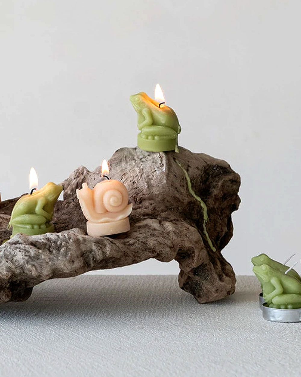 Green frog-shaped tea lights on rock log with silver metal cups
