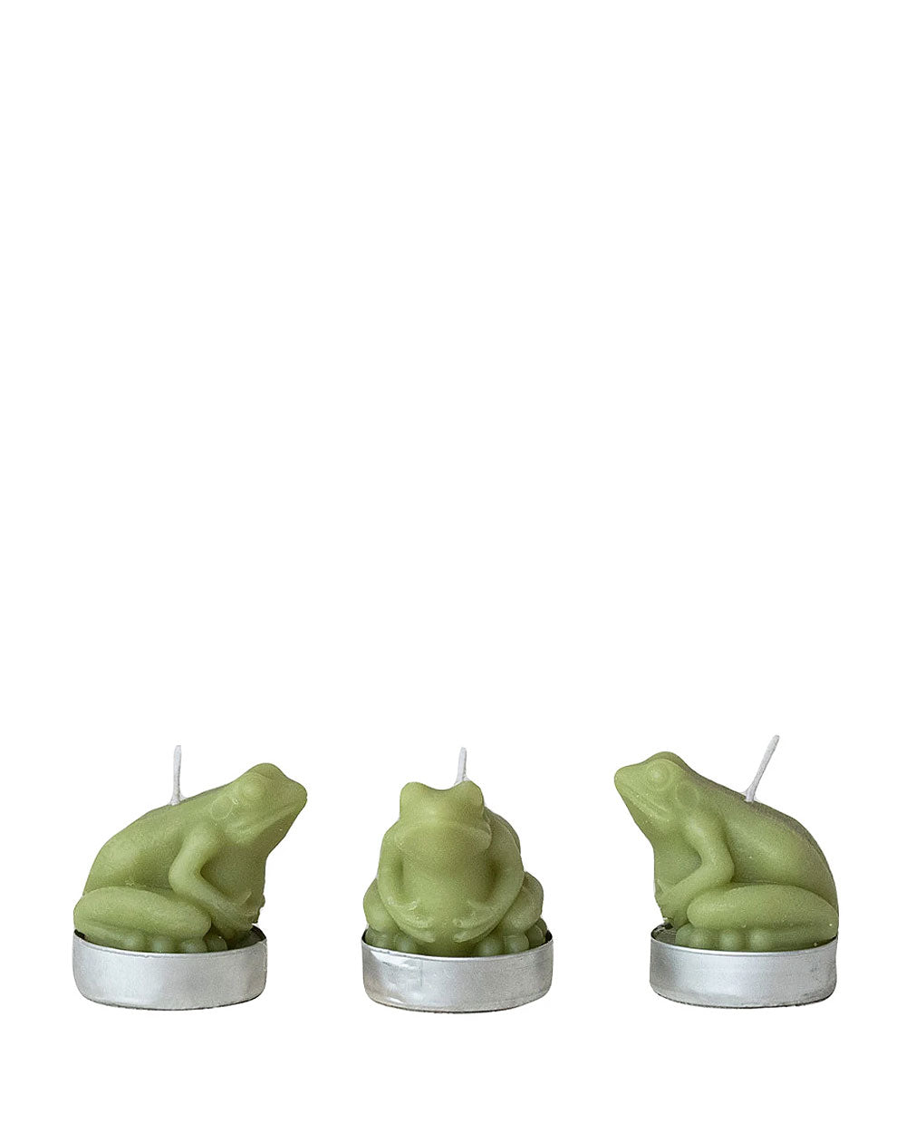Three green frog-shaped tea lights in silver metal cups