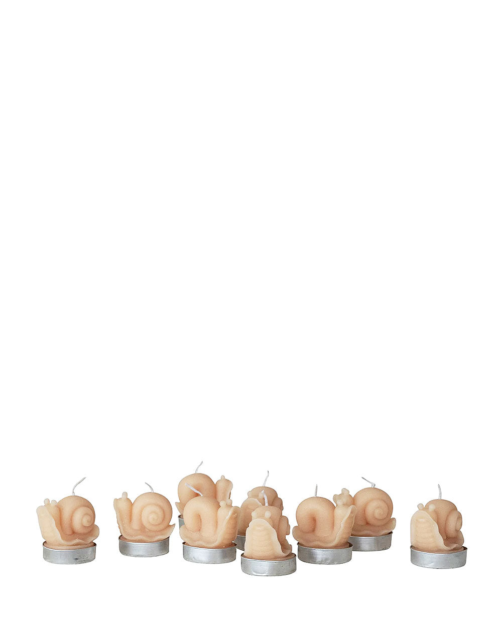 Pack of 9 snail tea lights in metal cups, cream candles lined up