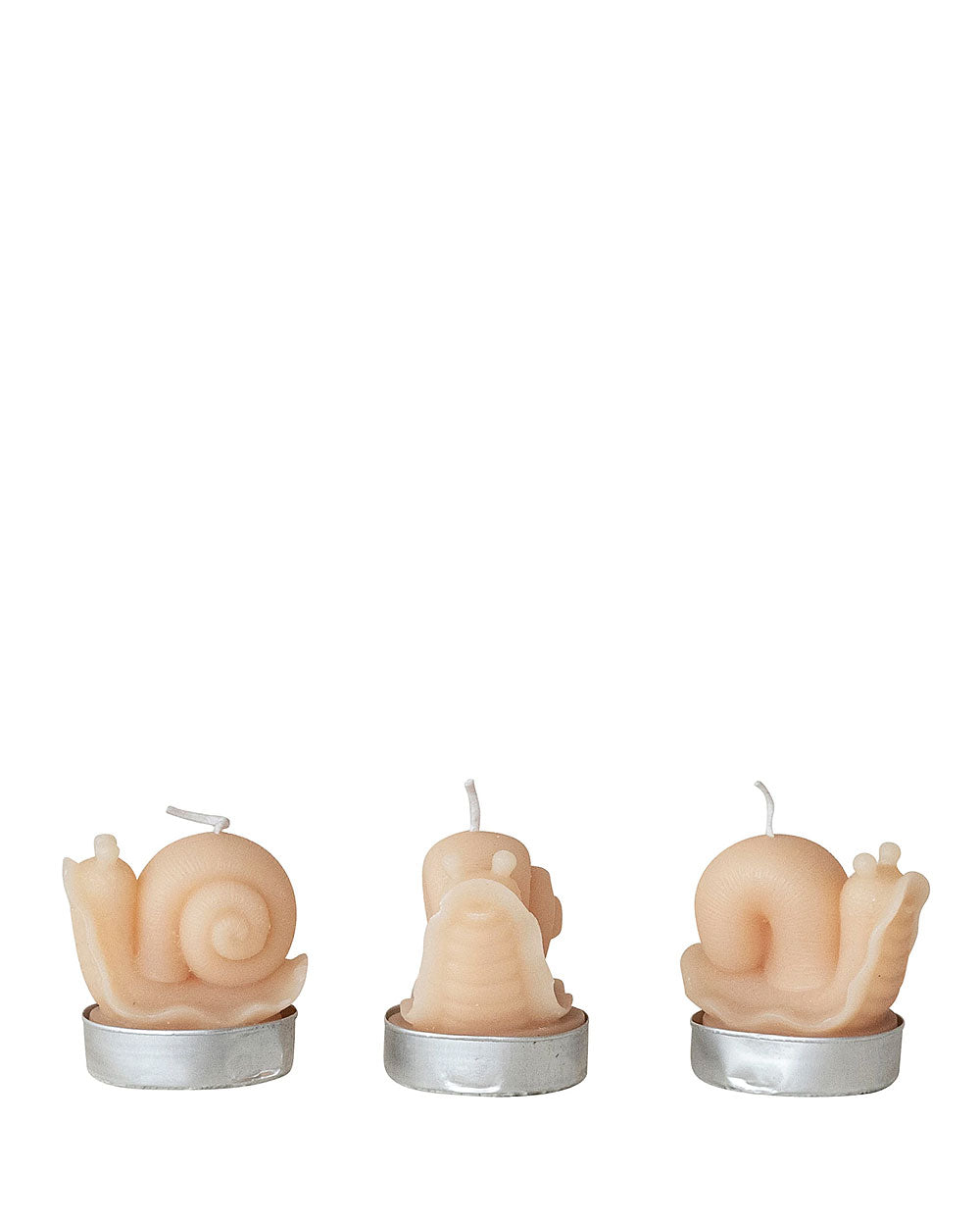 Three unlit snail tea lights in metal cups with curled shell details