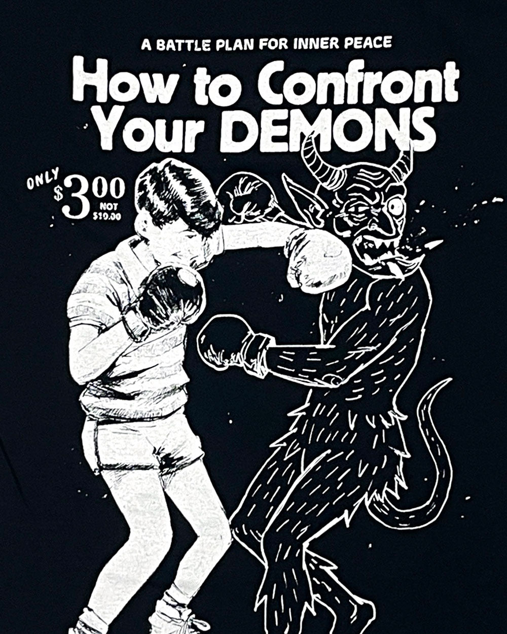 Black unisex graphic T-shirt with demon and fighter illustration, bold slogan text