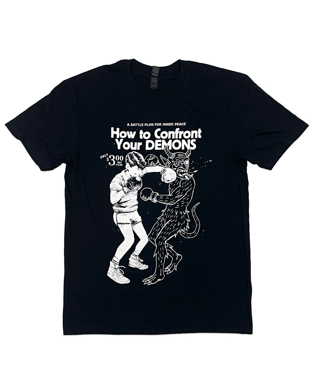 Black unisex graphic T-shirt front view with demon illustration and slogan print