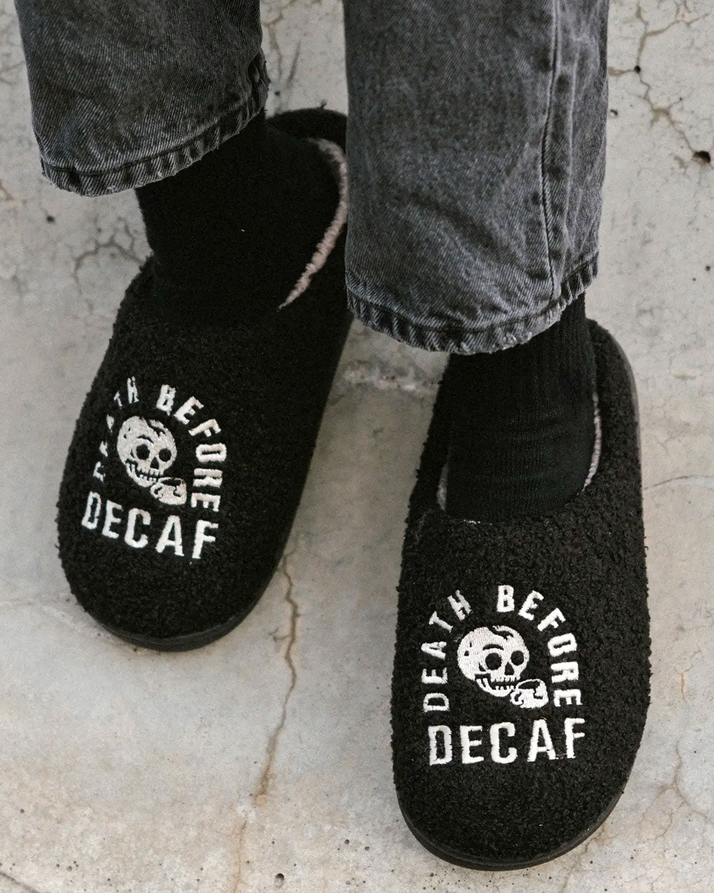 Death Before Decaf Unisex Fleece Slippers-Pyknic-Strange Ways