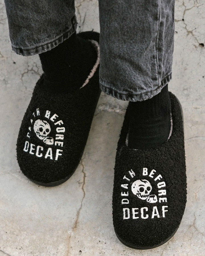 Death Before Decaf Unisex Fleece Slippers-Pyknic-Strange Ways