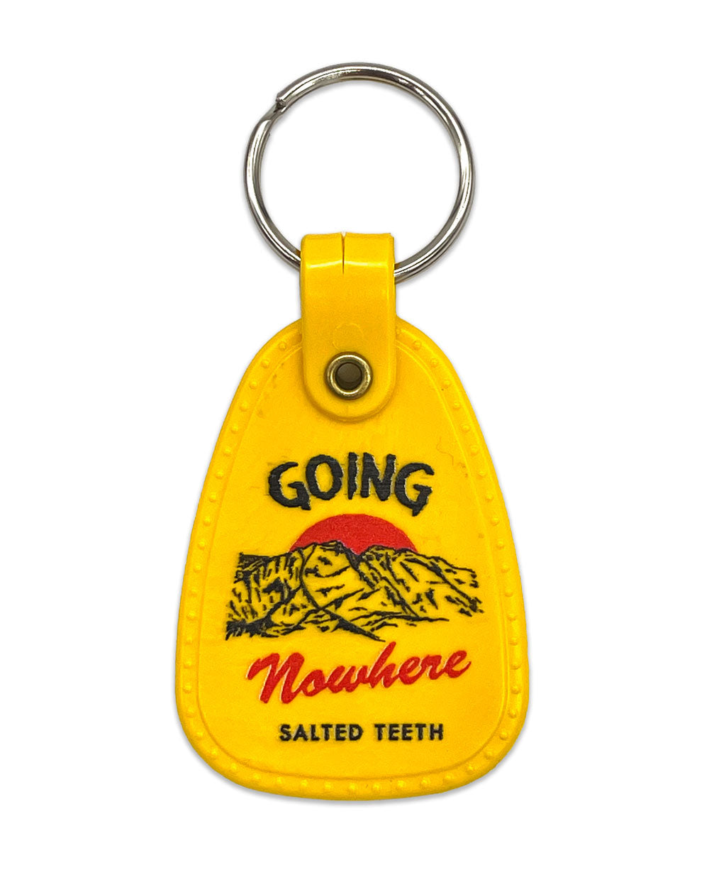 Yellow teardrop keychain with metal ring, 'GOING Nowhere' print and 'SALTED TEETH'