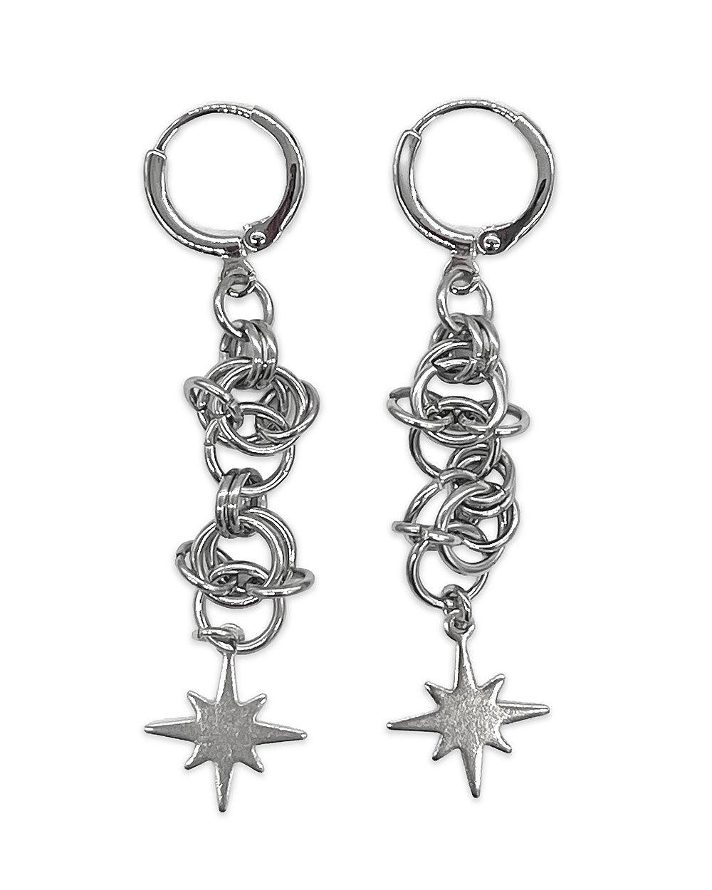 Cosmic starburst earrings with circular hoops, long chain, and star charms