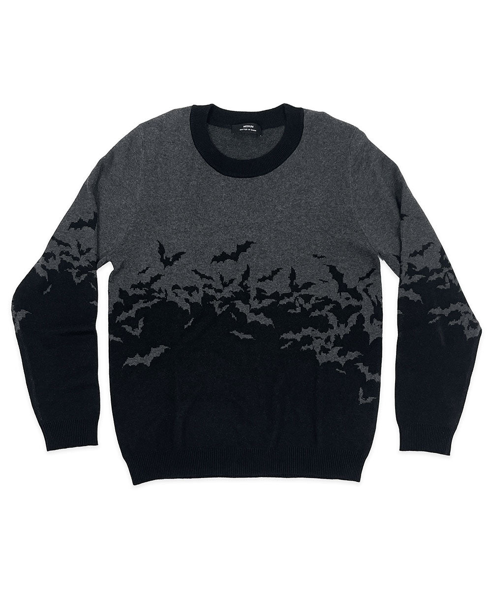 Unisex crewneck knit sweater with dark bat silhouette graphic