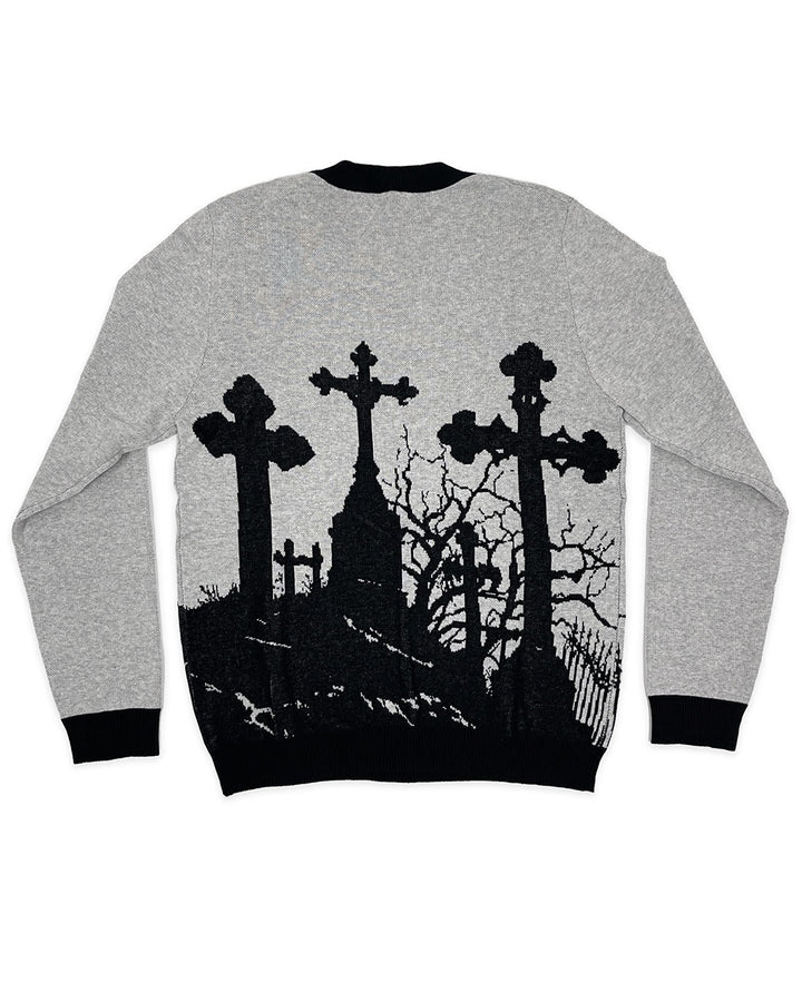 Heather gray unisex crewneck knit sweater with black cemetery graveyard graphic