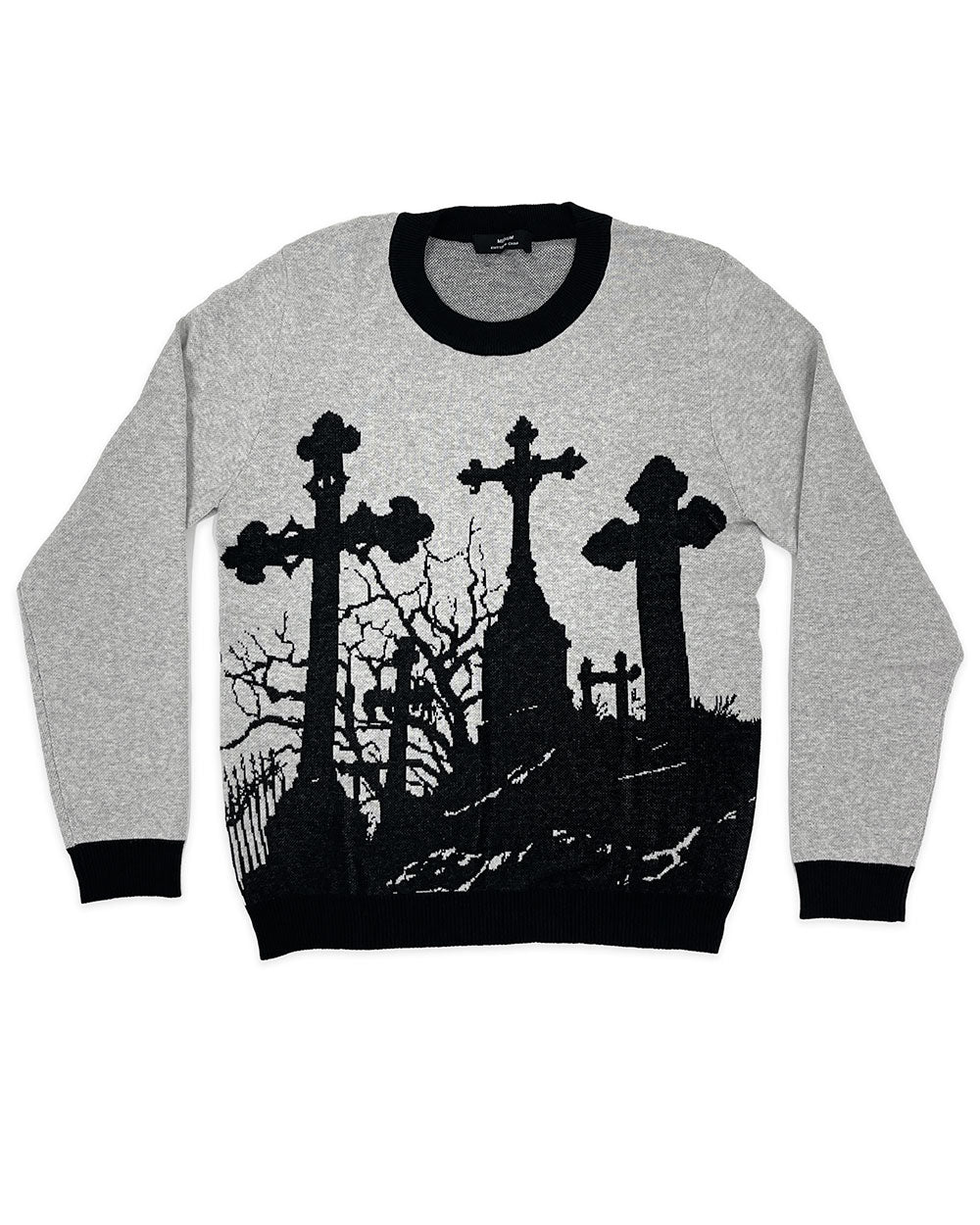 Heather gray crewneck knit sweater with black cemetery scene graphic and black rib trim