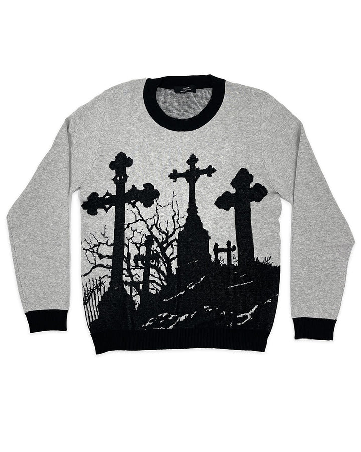 Heather gray crewneck knit sweater with black cemetery scene graphic and black rib trim