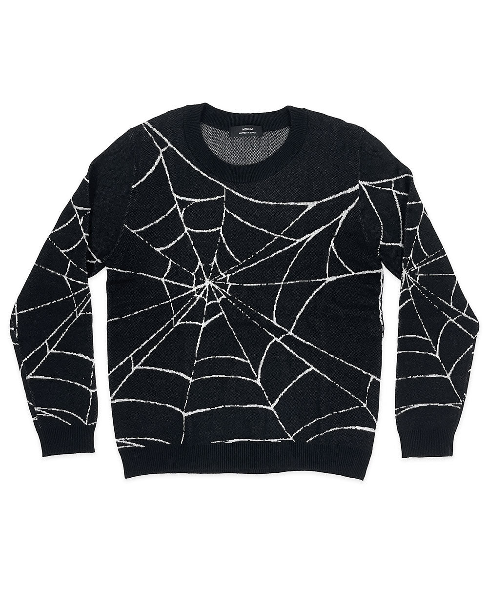 Black unisex crewneck sweater with white web graphic across chest and sleeves
