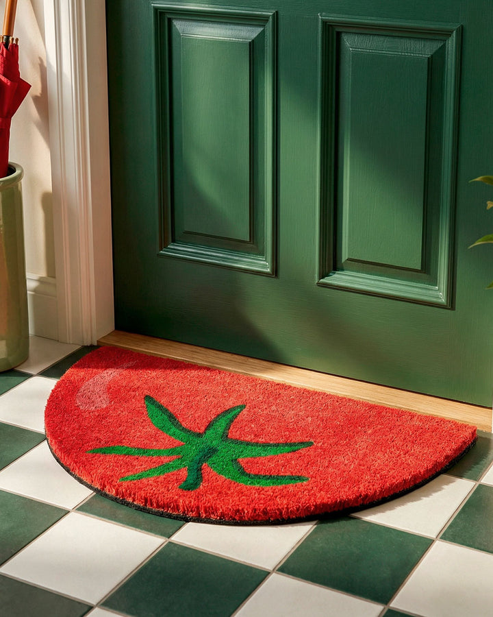 Red tomato doormat with green leaf graphic, rounded oval rug for entryways
