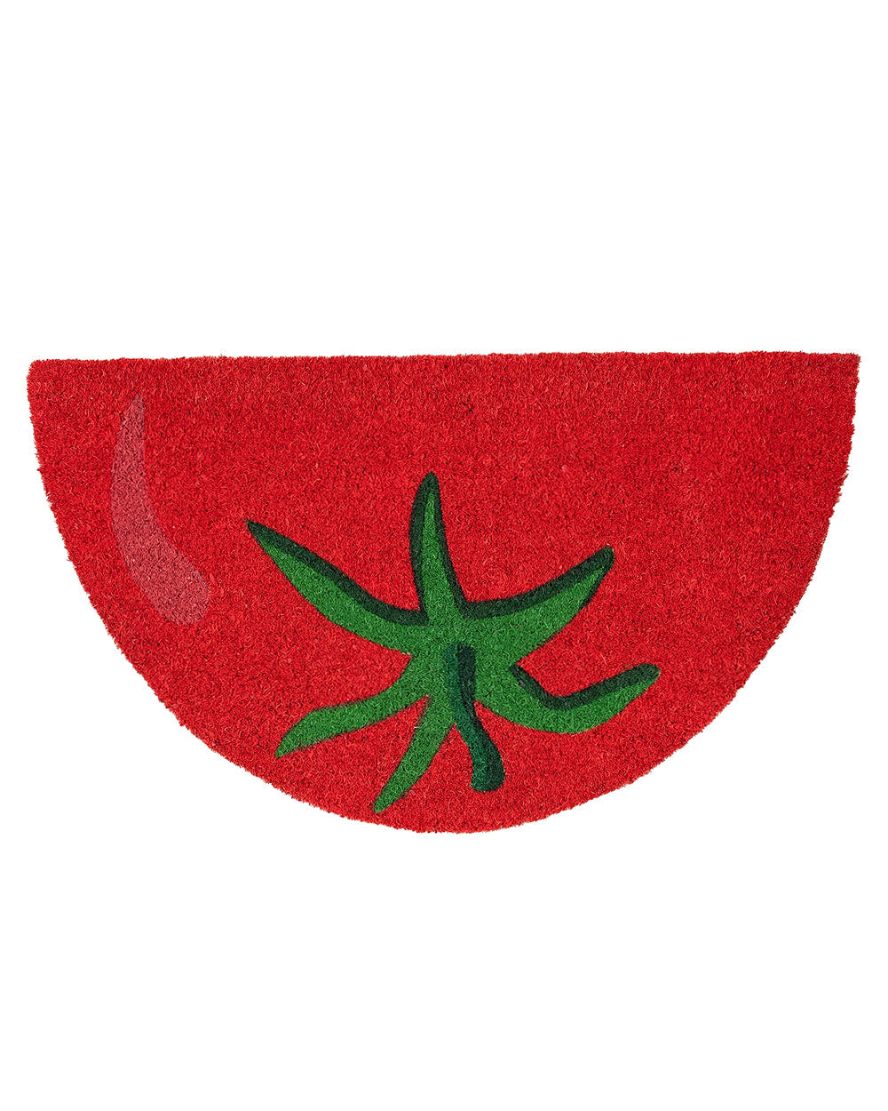 Red semicircle tomato doormat with green leaf emblem