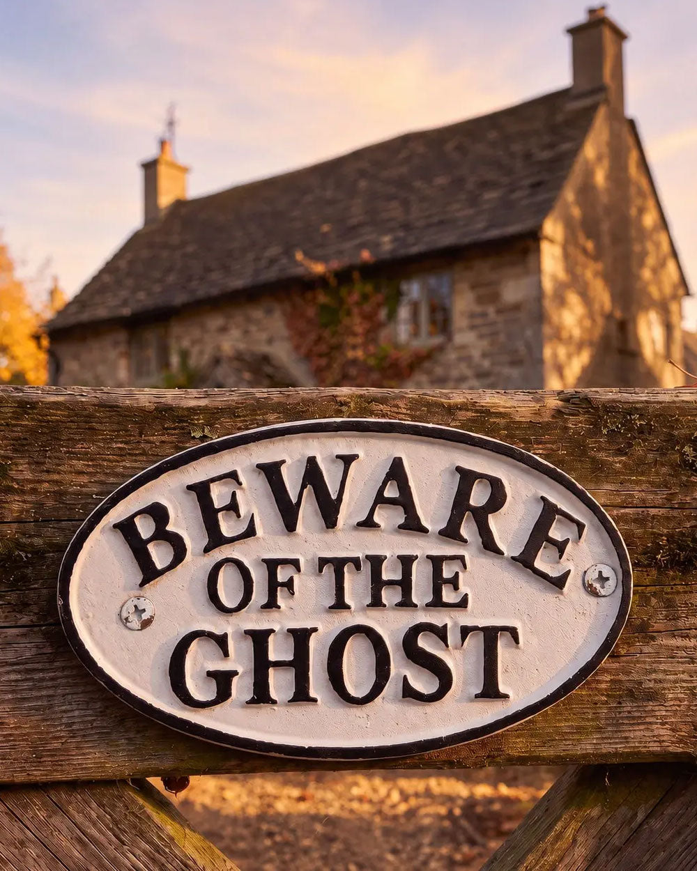 Oval decorative sign on wood board, white face with black border and “BEWARE OF THE GHOST”