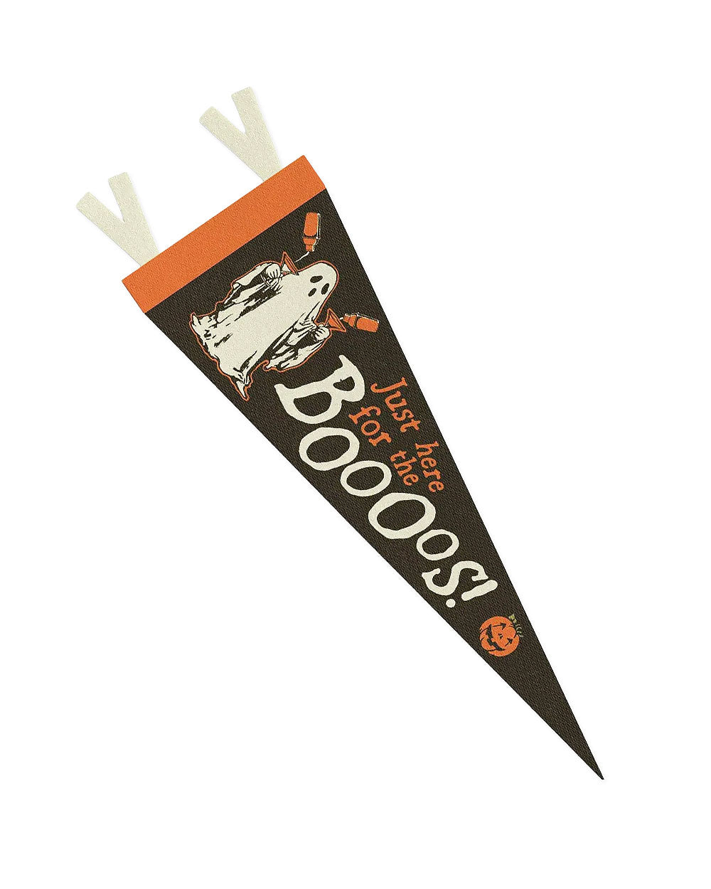 Halloween mini pennant, angled; black with ghost image and 'Boooos!' lettering