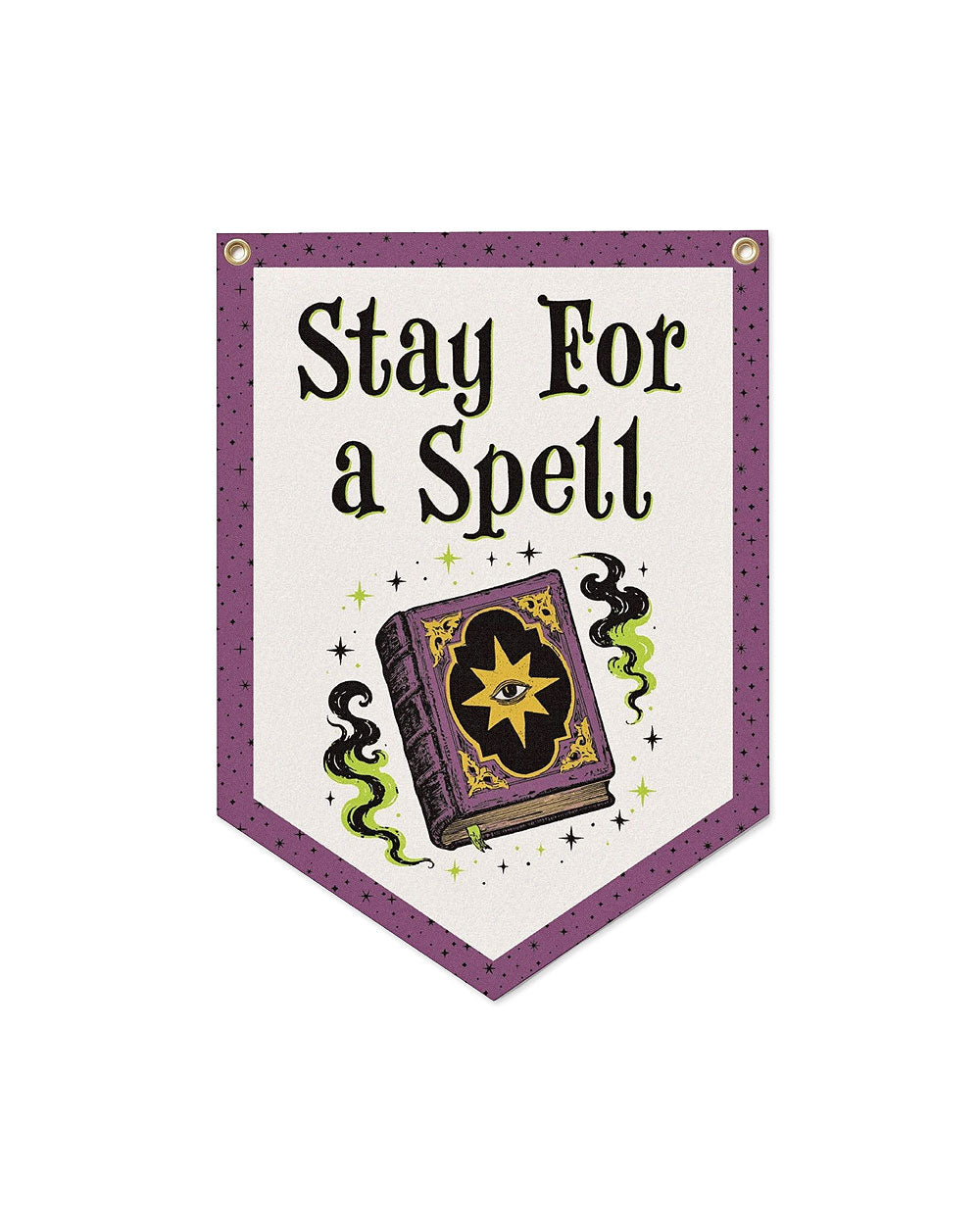 Stay For A Spell felt mini banner with purple starry design and hanging grommets