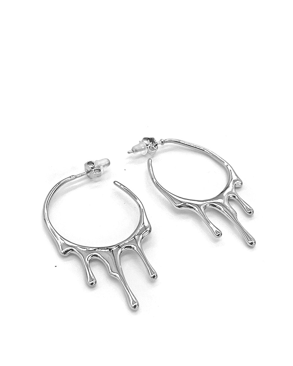 Silver drip hoop earrings angled view, with two ear posts and three hanging drips