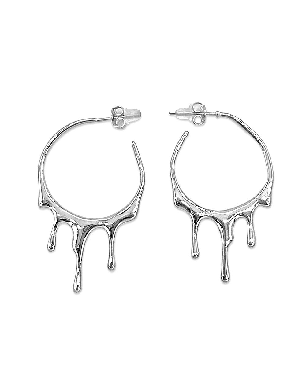 Silver drip hoop earrings with dangling teardrop drops and stud backs