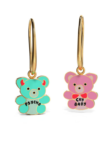 Psycho & Cry Baby Teddy Bears Hanging Hoop Earrings