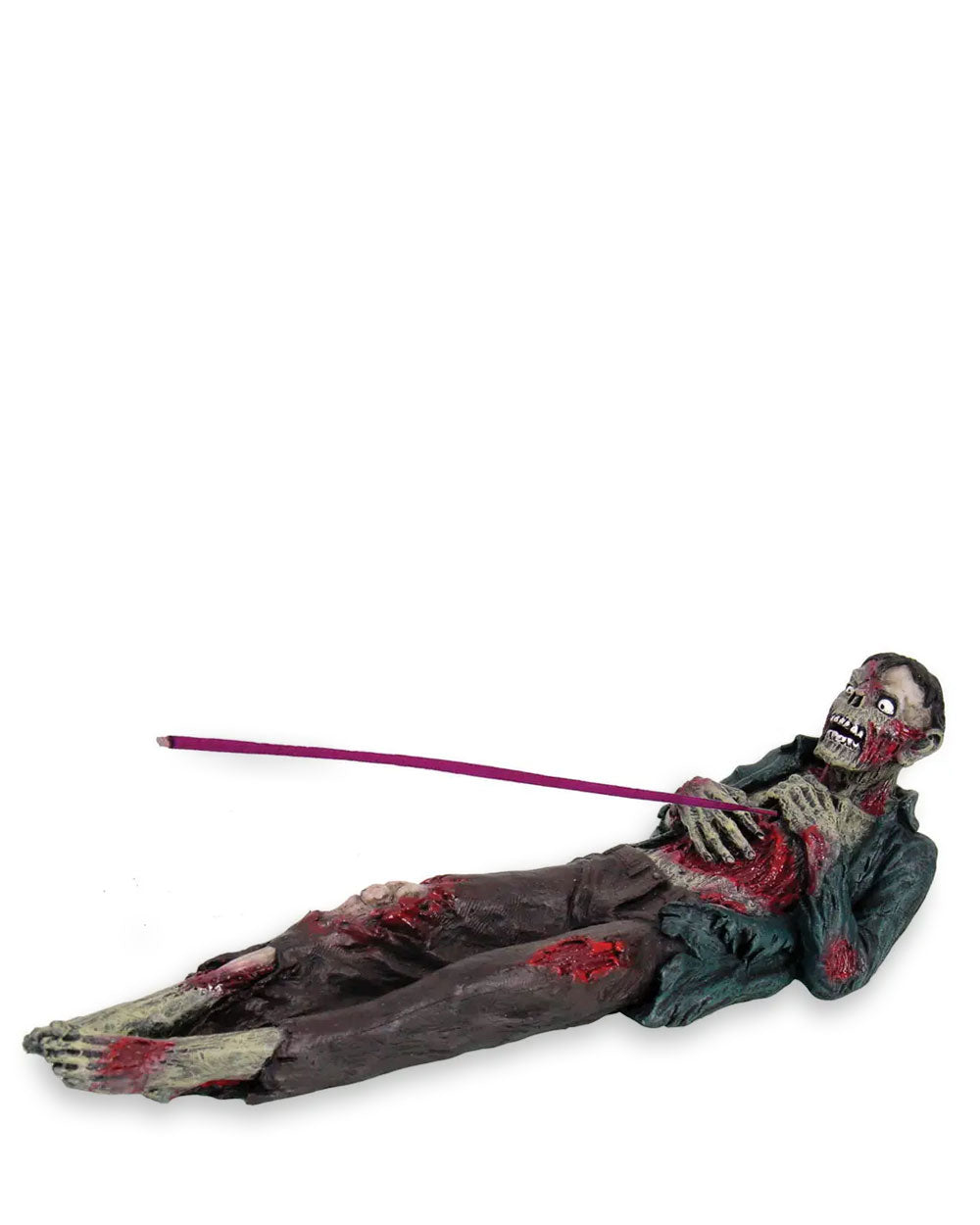 Zombie incense holder, full-length lying figure with purple incense stick and red stains