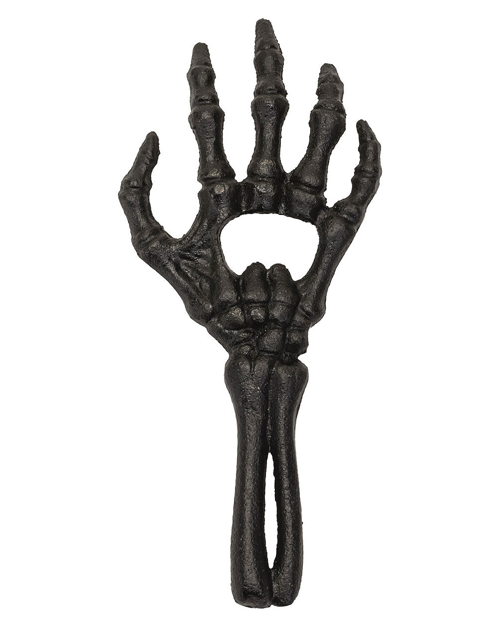 Skeleton hand bottle opener, dark metal claw fingers and grip handle