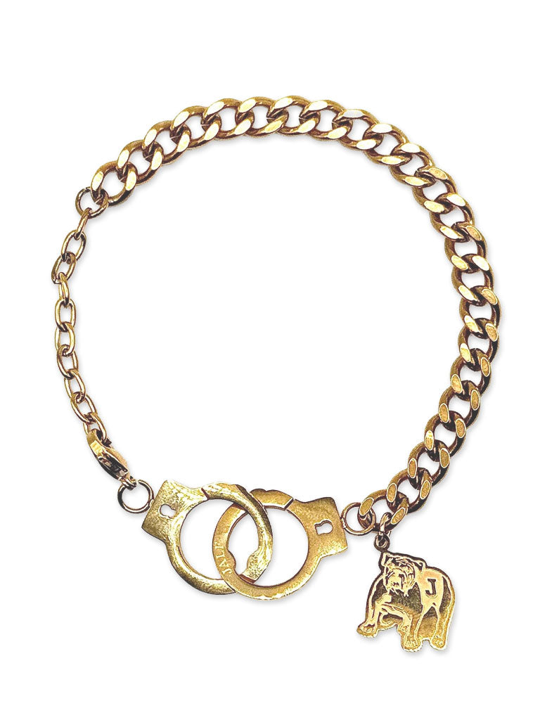 Gold chain bracelet with handcuff charm and animal mascot pendant