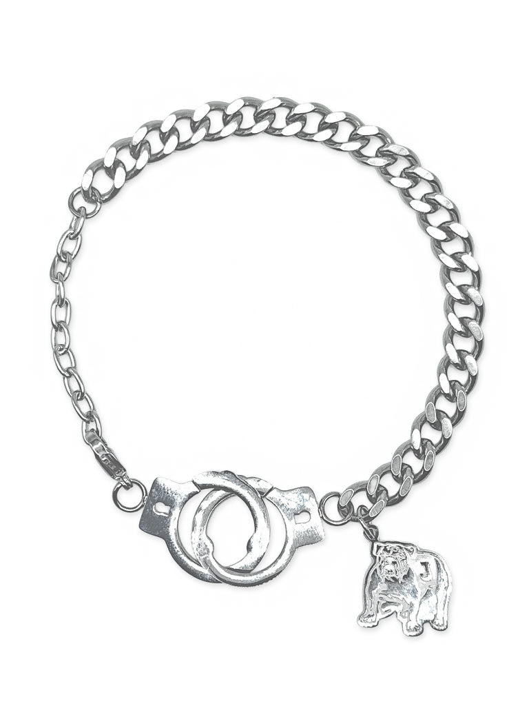 Silver chain bracelet with handcuff charm, round cuff detail and elephant tag