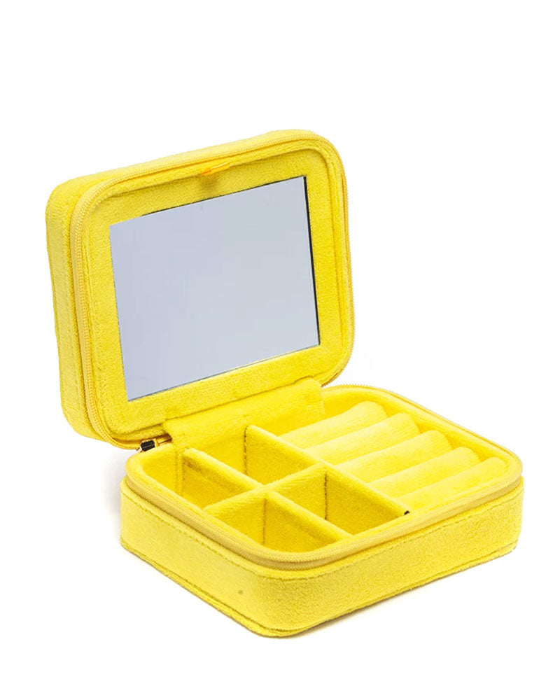 Yellow felt jewelry organizer case with hinged lid and divided compartments