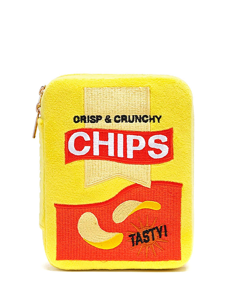 Yellow chips-themed jewelry organizer case with "CRISP & CRUNCHY" label