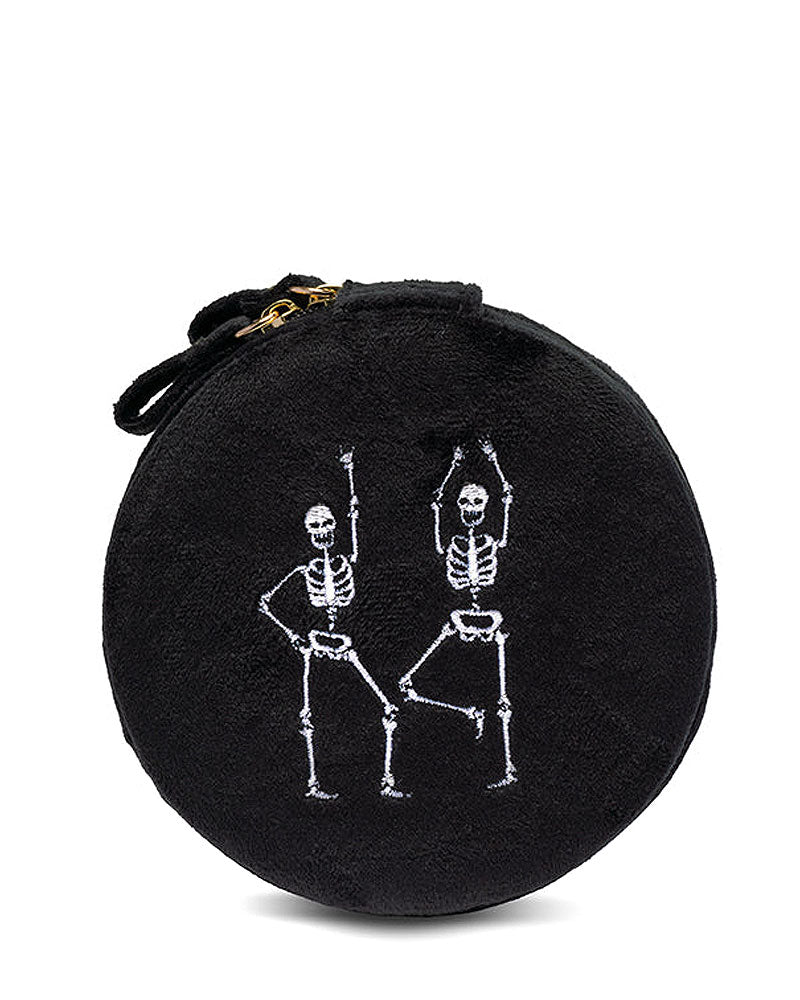 Black round jewelry case with white skeleton-dancer embroidery and loop zipper pull