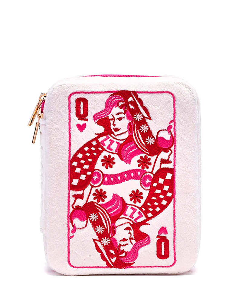 White felt jewelry case organizer with embroidered queen of hearts front panel