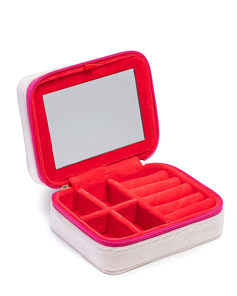 Red felt jewelry case organizer with open lid, divided tray, and embedded mirror