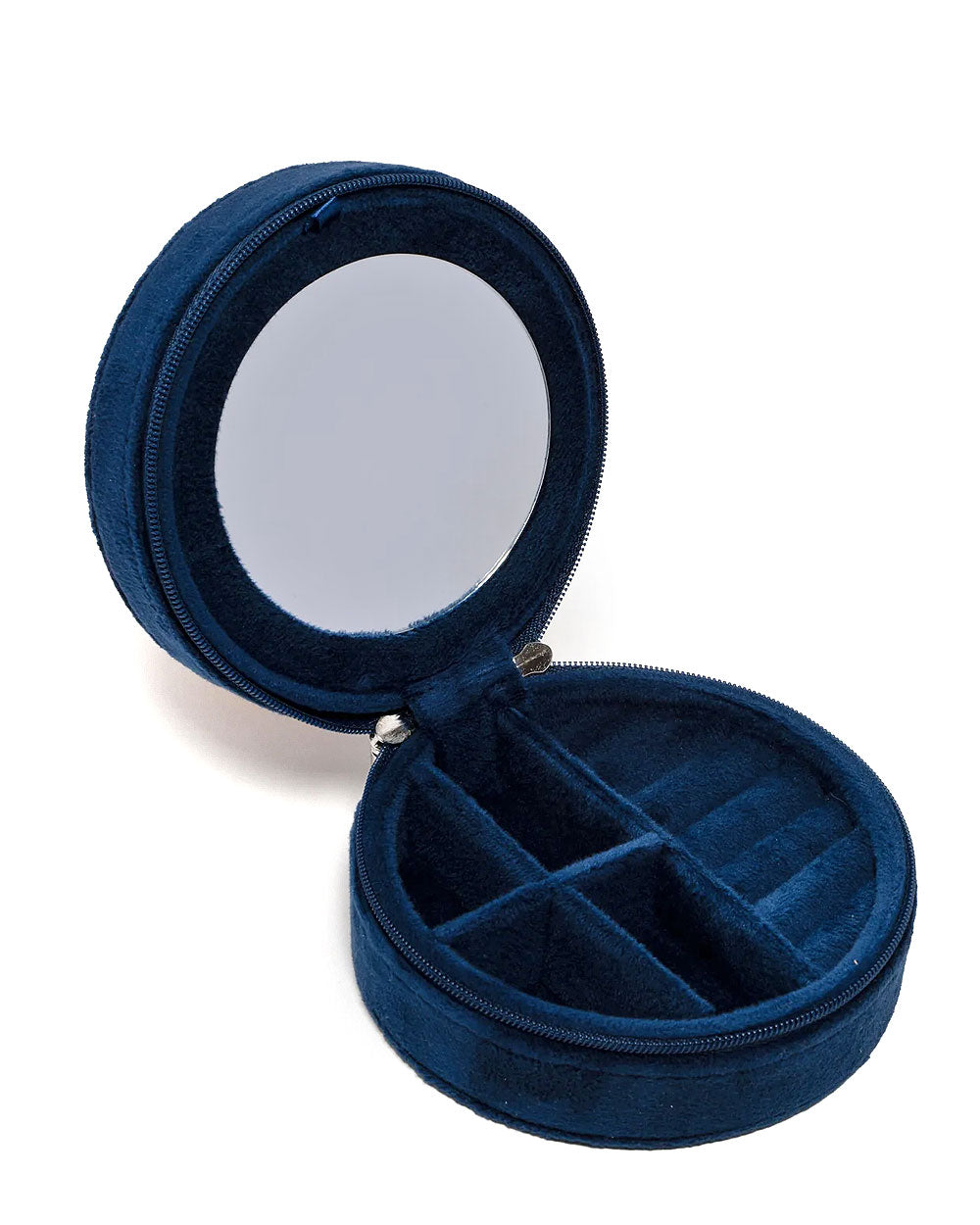 Navy round jewelry case organizer, open with molded ring-and-earring slots
