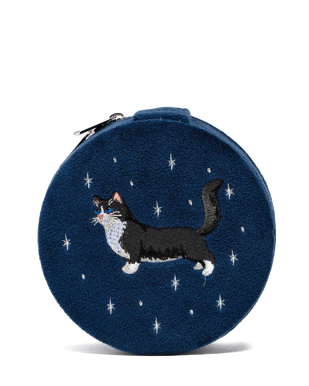 Navy round cat jewelry case organizer with zipper and starry sky graphic