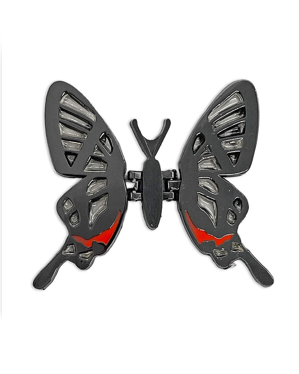 Winged butterfly pin set, centered on white, silver/black metal with red accents