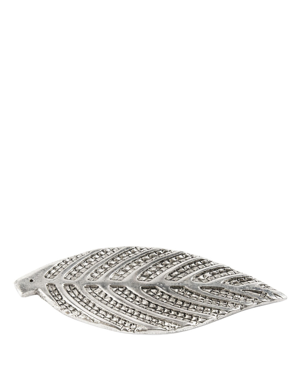 Metal leaf incense burner with intricate embossed texture on flat base