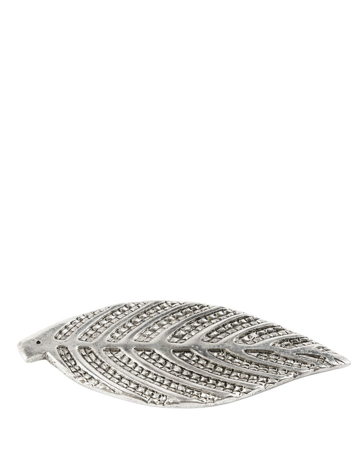 Metal leaf incense burner with intricate embossed texture on flat base