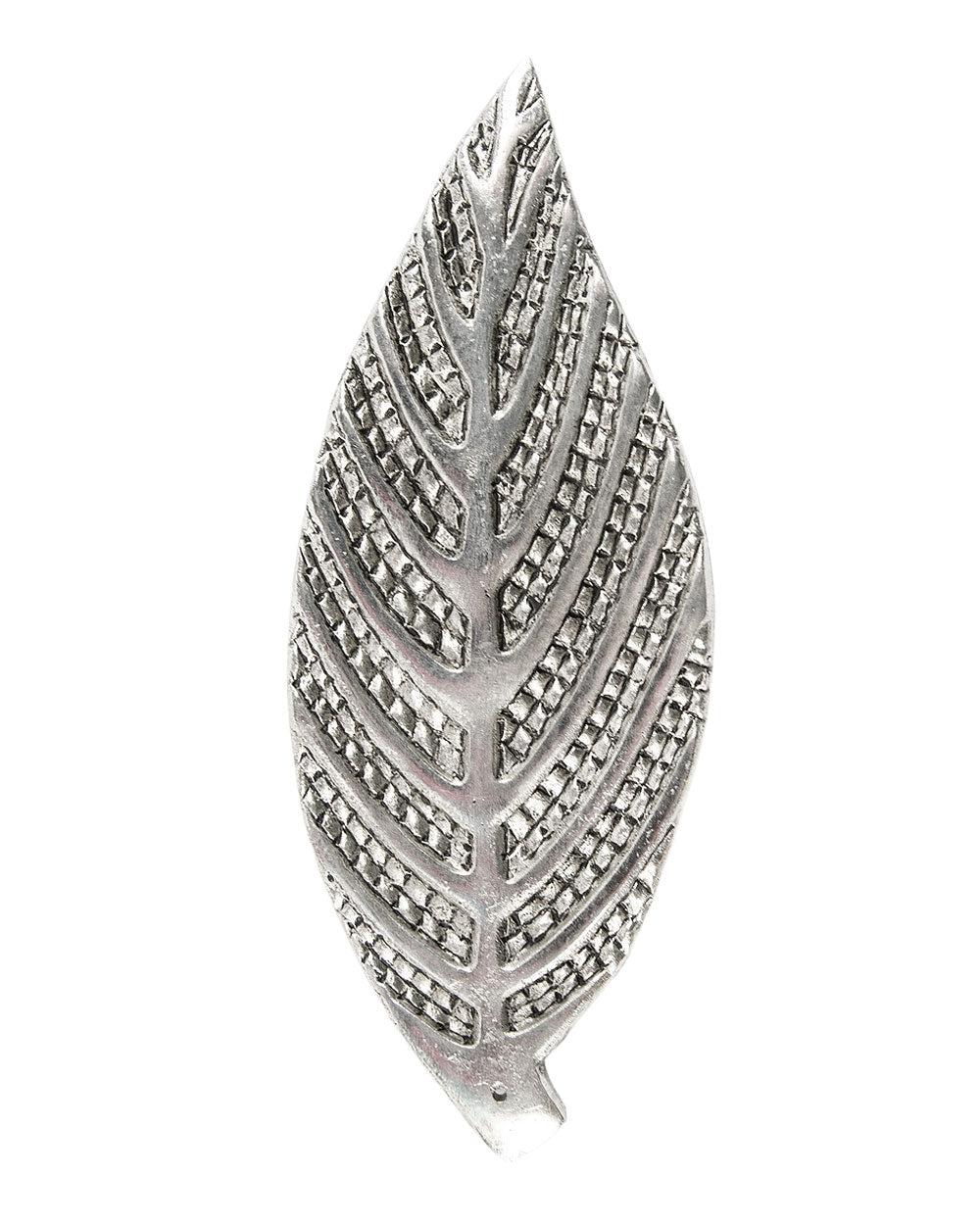 Metal leaf incense burner with embossed vein pattern and raised rim