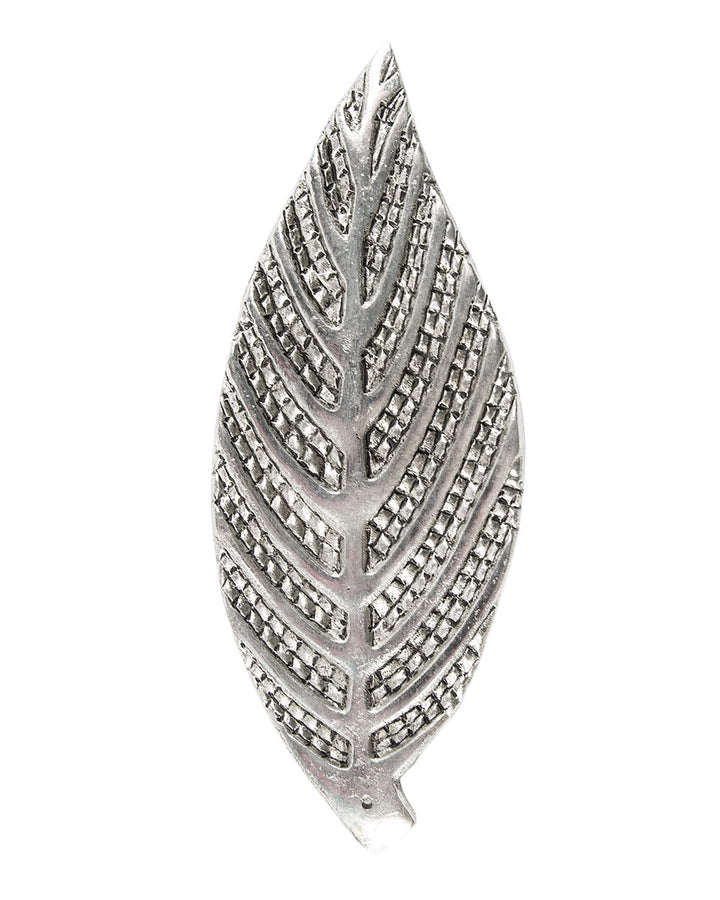 Metal leaf incense burner with embossed vein pattern and raised rim