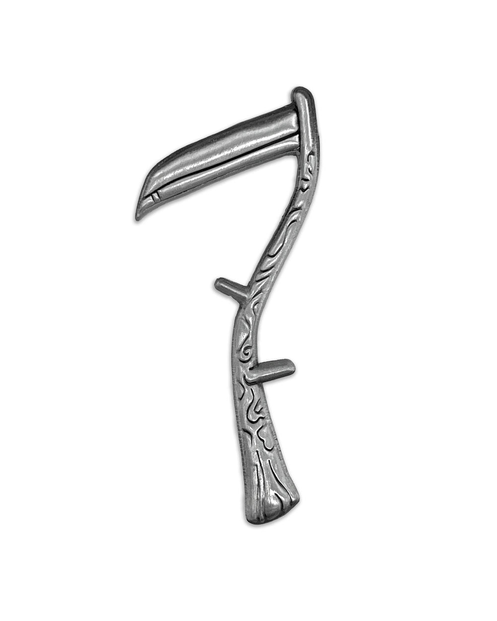 Silver-tone scythe lapel pin with engraved grip and blade