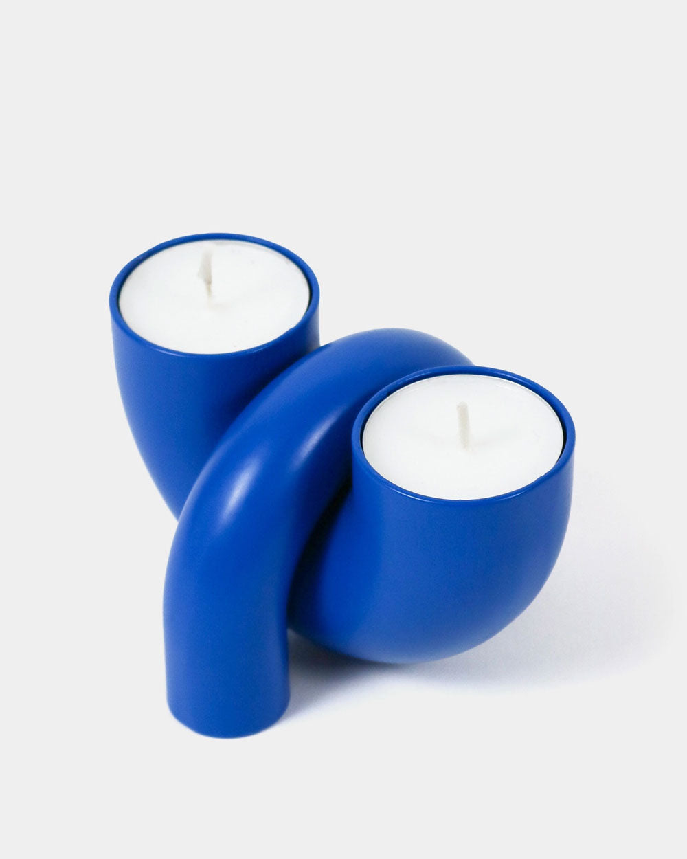 Blue macaroni-style 2-in-1 candle holder with taper and tealight cups
