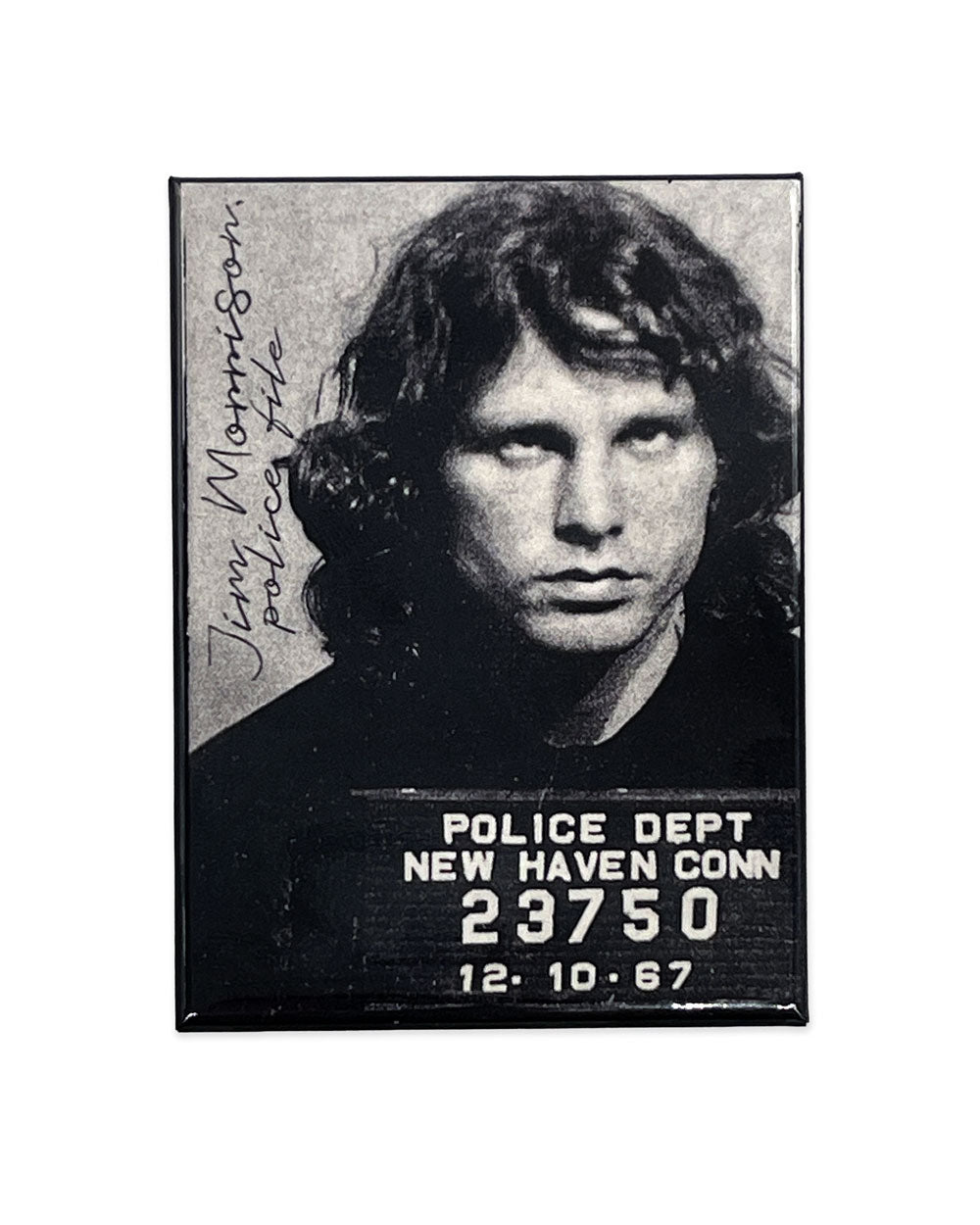 Square mugshot magnet with close-up portrait and POLICE DEPT NEW HAVEN CONN 23750