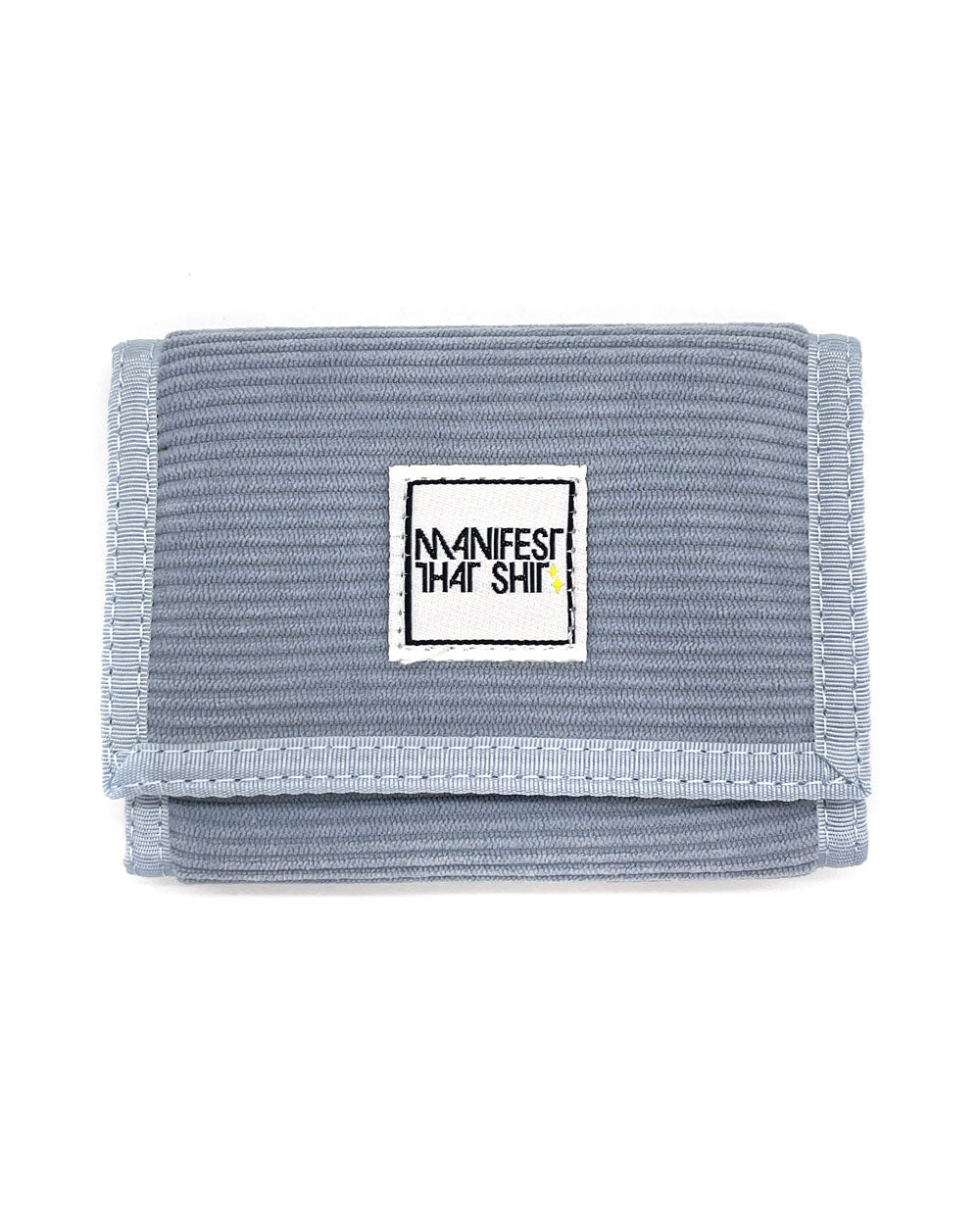 Light blue corduroy bi-fold wallet with centered logo patch