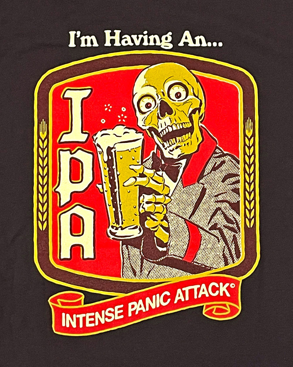 Dark unisex T-shirt close-up of skull IPA logo with 'Intense Panic Attack' banner
